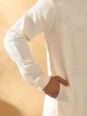 Cotton embroidered sequenced cream pathani kurta with white salwar 4