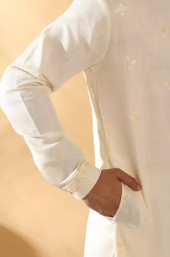 Cotton embroidered sequenced cream pathani kurta with white salwar