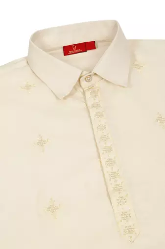Cotton embroidered sequenced cream pathani kurta with white salwar