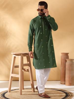 Cotton embroidered sequenced olive green pathani kurta with white salwar 1