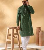 Cotton embroidered sequenced olive green pathani kurta with white salwar