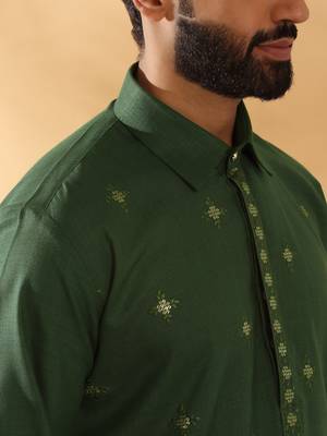 Cotton embroidered sequenced olive green pathani kurta with white salwar 3