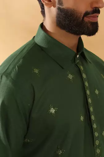 Cotton embroidered sequenced olive green pathani kurta with white salwar