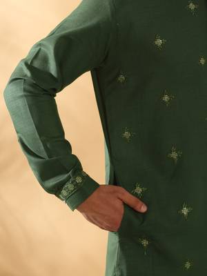 Cotton embroidered sequenced olive green pathani kurta with white salwar 4