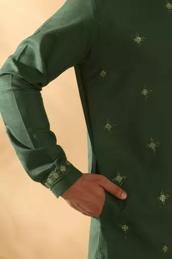 Cotton embroidered sequenced olive green pathani kurta with white salwar