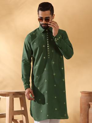 Cotton embroidered sequenced olive green pathani kurta with white salwar 5