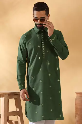 Cotton embroidered sequenced olive green pathani kurta with white salwar