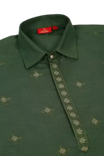 Cotton embroidered sequenced olive green pathani kurta with white salwar