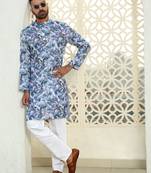 Leaf printed blue mandarin collor cotton summer kurta with pyjama