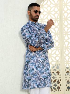 Leaf printed blue mandarin collor cotton summer kurta with pyjama 4