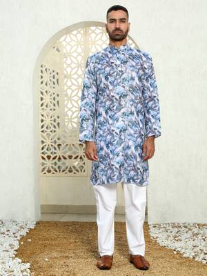 Leaf printed blue mandarin collor cotton summer kurta with pyjama 5