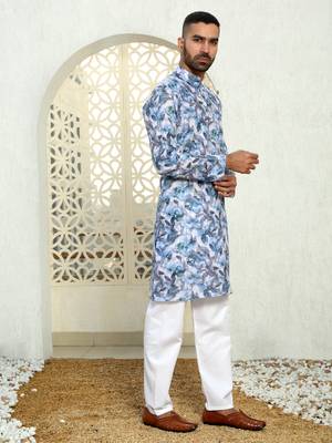 Leaf printed blue mandarin collor cotton summer kurta with pyjama 6