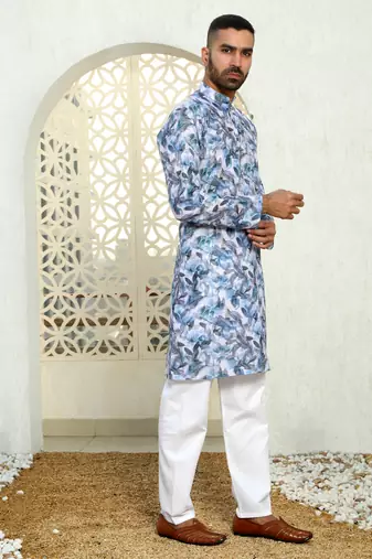 Leaf printed blue mandarin collor cotton summer kurta with pyjama