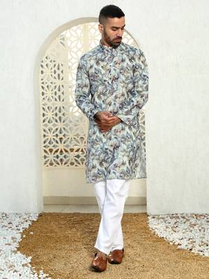 Leaf printed green mandarin collor cotton summer kurta with pyjama 4