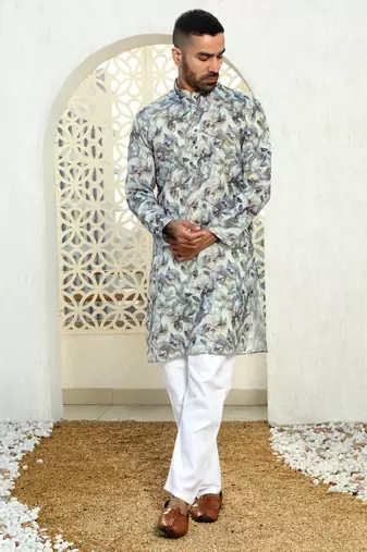 Leaf printed green mandarin collor cotton summer kurta with pyjama