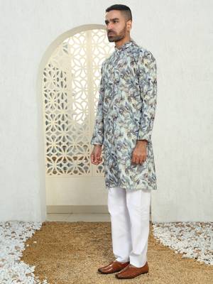 Leaf printed green mandarin collor cotton summer kurta with pyjama 5