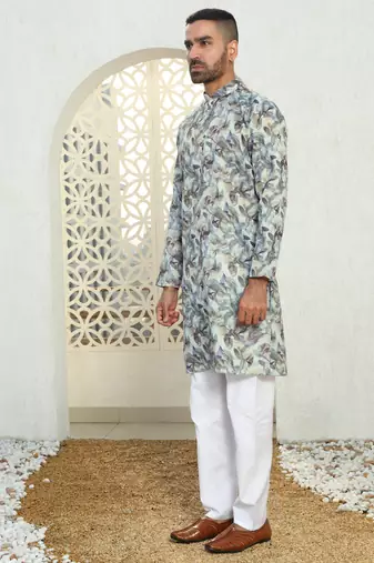 Leaf printed green mandarin collor cotton summer kurta with pyjama