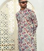 Leaf printed purple mandarin collor cotton summer kurta with pyjama