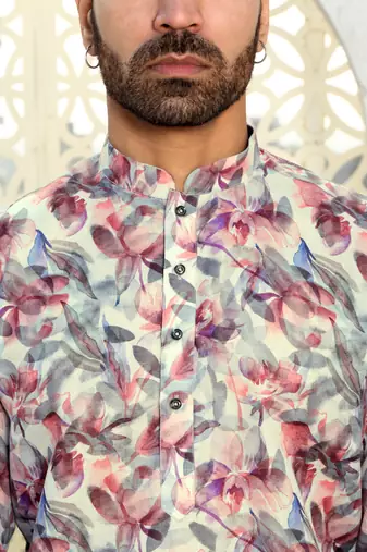 Leaf printed purple mandarin collor cotton summer kurta with pyjama