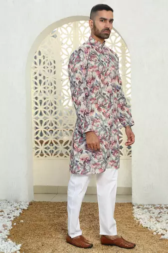 Leaf printed purple mandarin collor cotton summer kurta with pyjama