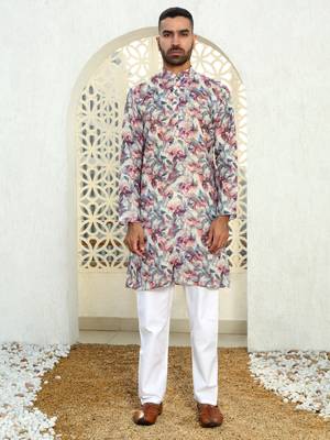 Leaf printed purple mandarin collor cotton summer kurta with pyjama 5