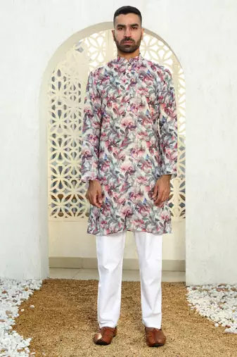 Leaf printed purple mandarin collor cotton summer kurta with pyjama
