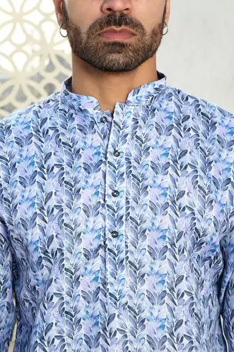 Leaf printed blue mandarin collor cotton summer kurta with pyjama