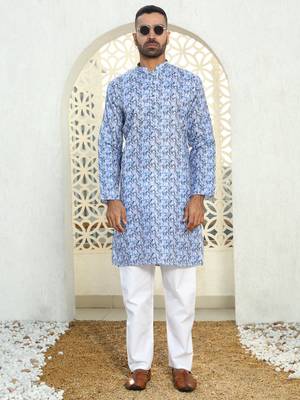 Leaf printed blue mandarin collor cotton summer kurta with pyjama 5