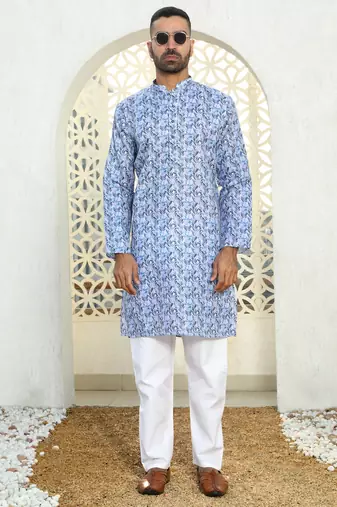 Leaf printed blue mandarin collor cotton summer kurta with pyjama
