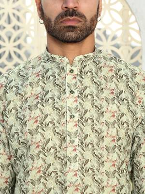Leaf printed green mandarin collor cotton summer kurta with pyjama 2