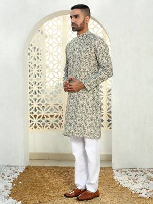 Leaf printed green mandarin collor cotton summer kurta with pyjama 4