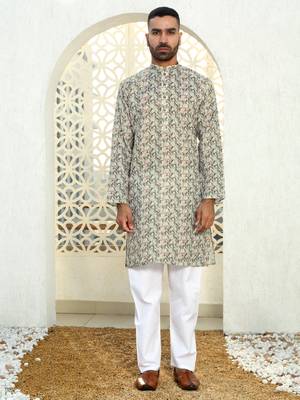 Leaf printed green mandarin collor cotton summer kurta with pyjama 5