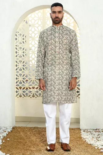 Leaf printed green mandarin collor cotton summer kurta with pyjama