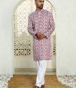 Leaf printed purple mandarin collor cotton summer kurta with pyjama