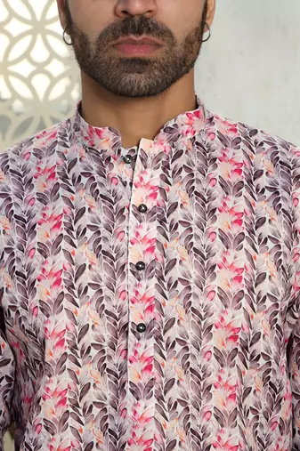 Leaf printed purple mandarin collor cotton summer kurta with pyjama