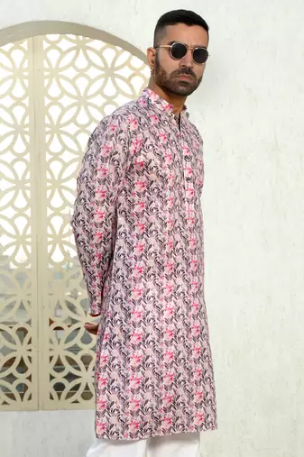 Leaf printed purple mandarin collor cotton summer kurta with pyjama