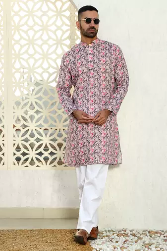 Leaf printed purple mandarin collor cotton summer kurta with pyjama
