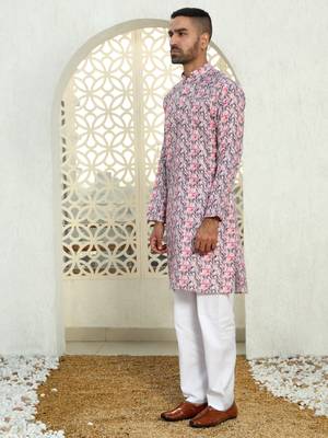 Leaf printed purple mandarin collor cotton summer kurta with pyjama 6