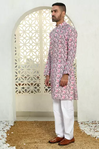 Leaf printed purple mandarin collor cotton summer kurta with pyjama