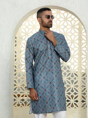 Floral printed blue mandarin collor cotton summer kurta with pyjama 1