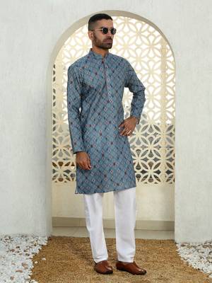 Floral printed blue mandarin collor cotton summer kurta with pyjama 3