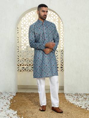 Floral printed blue mandarin collor cotton summer kurta with pyjama 4