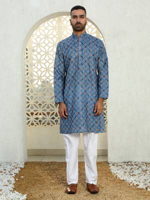 Floral printed blue mandarin collor cotton summer kurta with pyjama 5