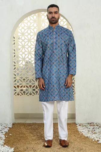 Floral printed blue mandarin collor cotton summer kurta with pyjama