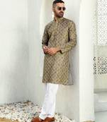 Floral printed brown mandarin collor cotton summer kurta with pyjama