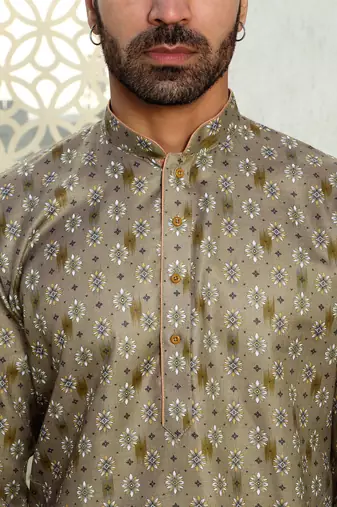 Floral printed brown mandarin collor cotton summer kurta with pyjama