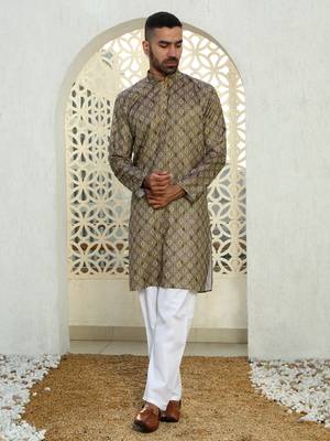 Floral printed brown mandarin collor cotton summer kurta with pyjama 3