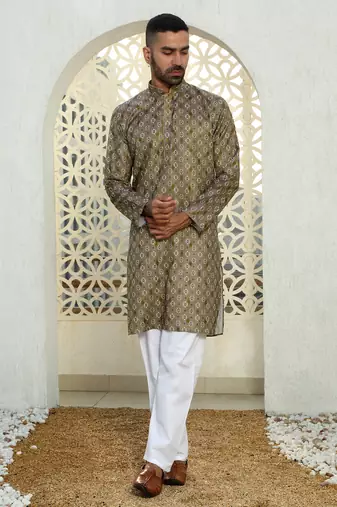 Floral printed brown mandarin collor cotton summer kurta with pyjama