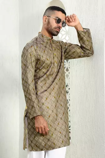 Floral printed brown mandarin collor cotton summer kurta with pyjama