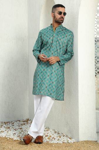 Floral printed green mandarin collor cotton summer kurta with pyjama